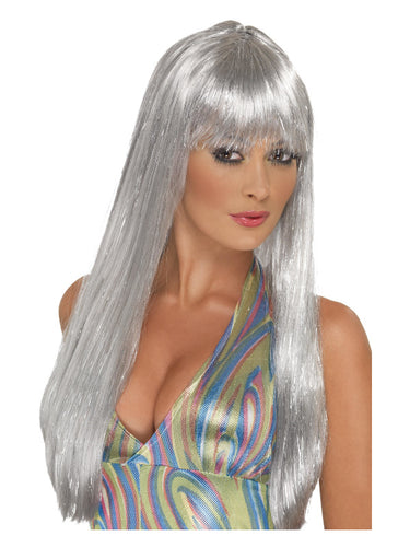 Glitter Disco Wig, Silver – Front